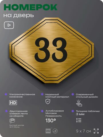 Номерок на дверь квартиры 33, для кабинета, офиса, шильдик 9 х 7 см, золотистый, Айдентика Технолоджи