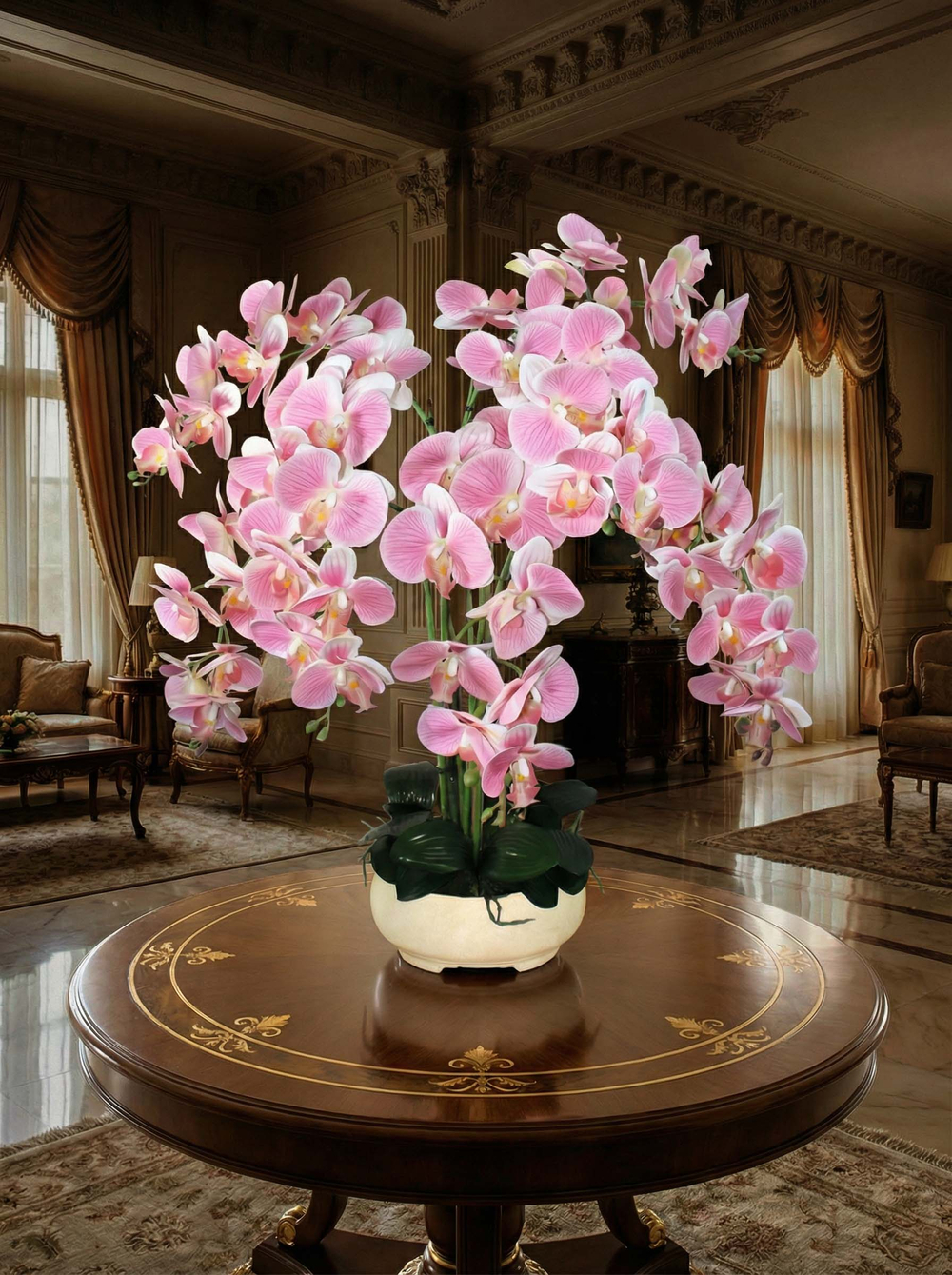 Искусственные Орхидеи 7 веток бело-розовые 65 см в широком кашпо