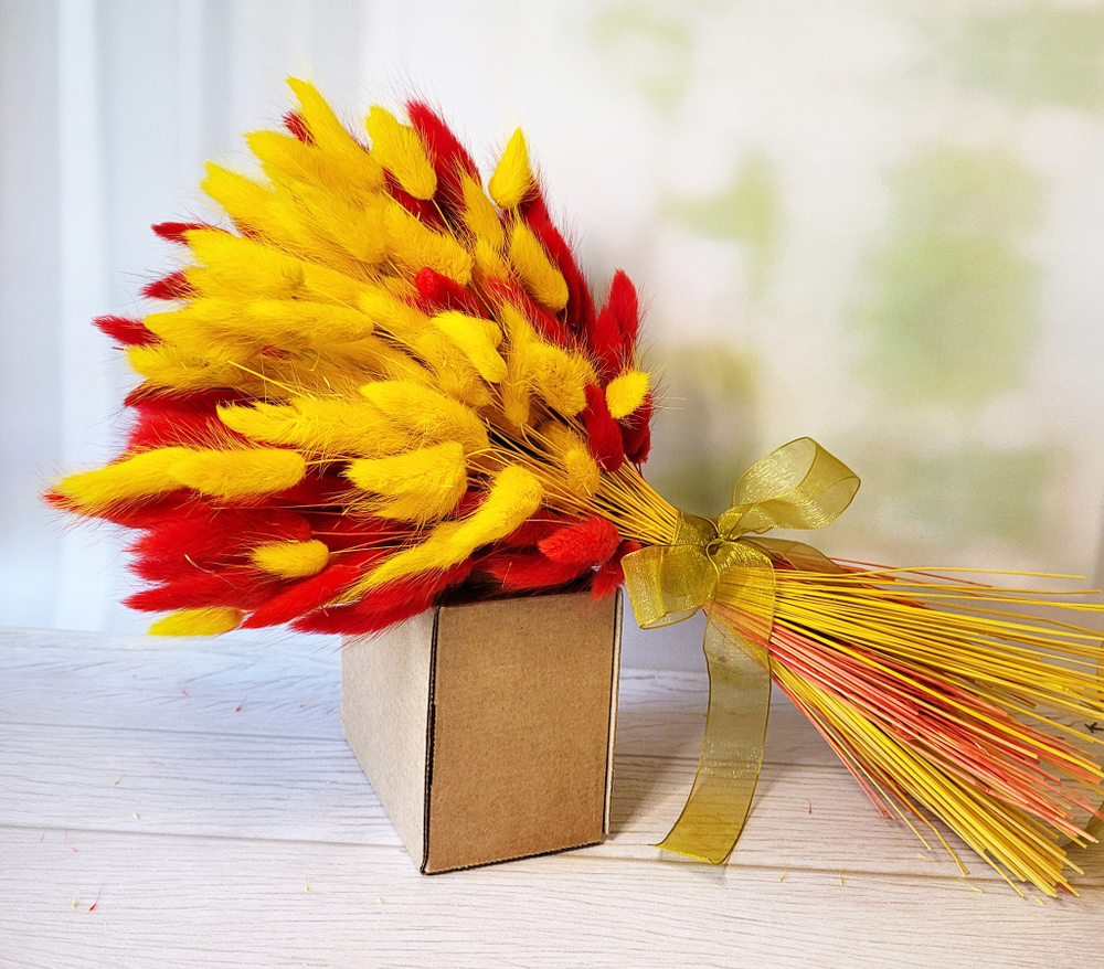 Букет сухоцветов из лагуруса красного и желтого