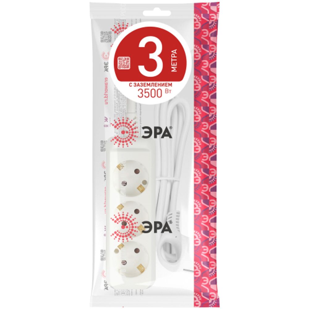 Удлинитель электрический ЭРА U-3e-3m-3x1 с заземлением 3 розетки 3м ПВС 3x1мм2 16А | Бытовые удлинители