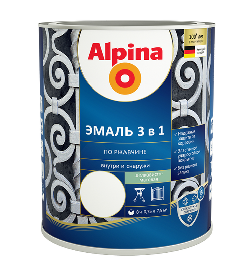 ЭМАЛЬ ПО РЖАВЧИНЕ ALPINA 3 В 1 ШЕЛК-МАТ RAL9003, 0,75Л / 0,88КГ