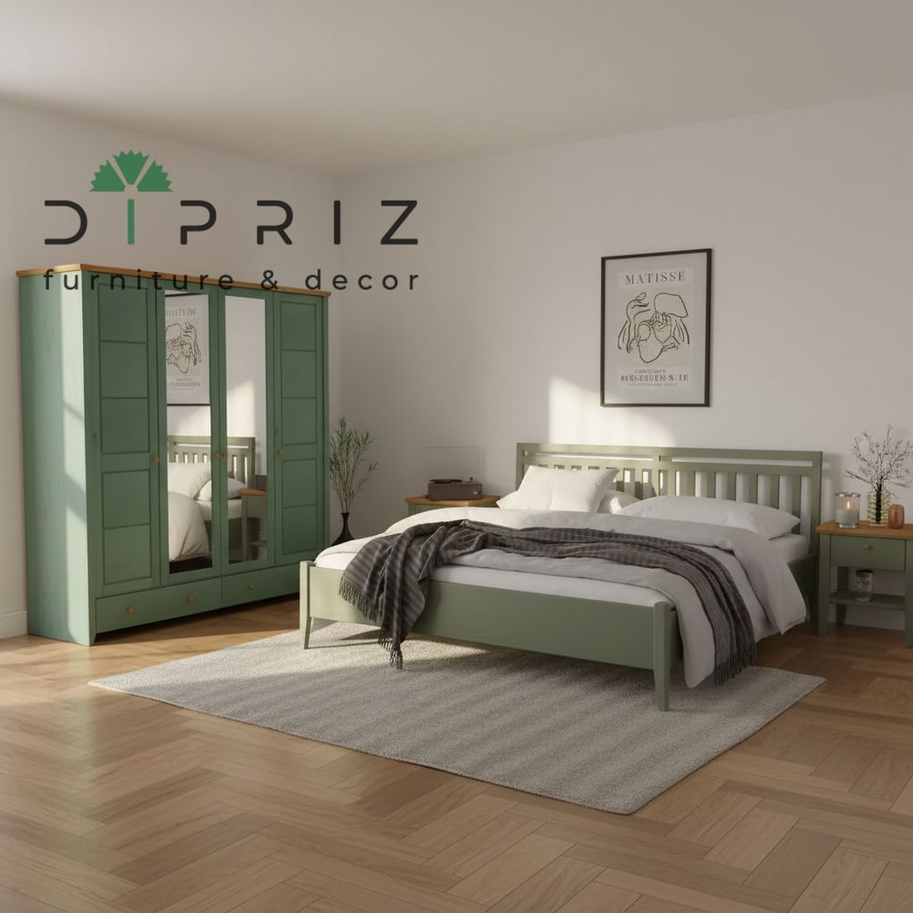 Шкаф для одежды, 200х60х216, Саргас, распашной, с зеркалом и ящиками, деревянный, массив сосны, зеленый эвкалипт, Dipriz