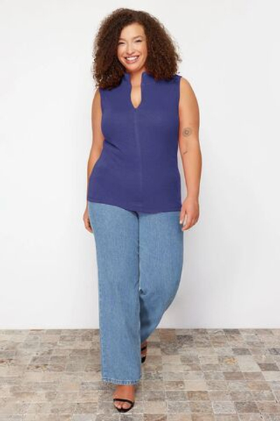 Темно-синий камзол из 100% хлопка с застежкой-молнией, вязаная блузка больших размеров TBBSS24AF00040