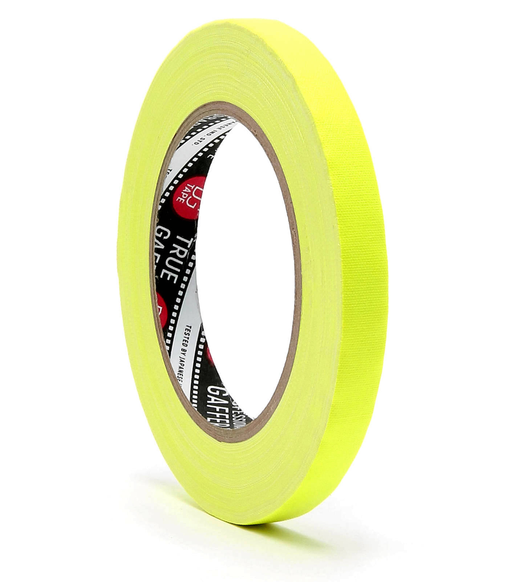 Профессиональный тейп 120mesh @trueGAFF 12мм/25м - Ярко Желтый (Светится в ультрафиолете) на тканевой основе  для киносъемок и сцен тип Gaffer Pro tape