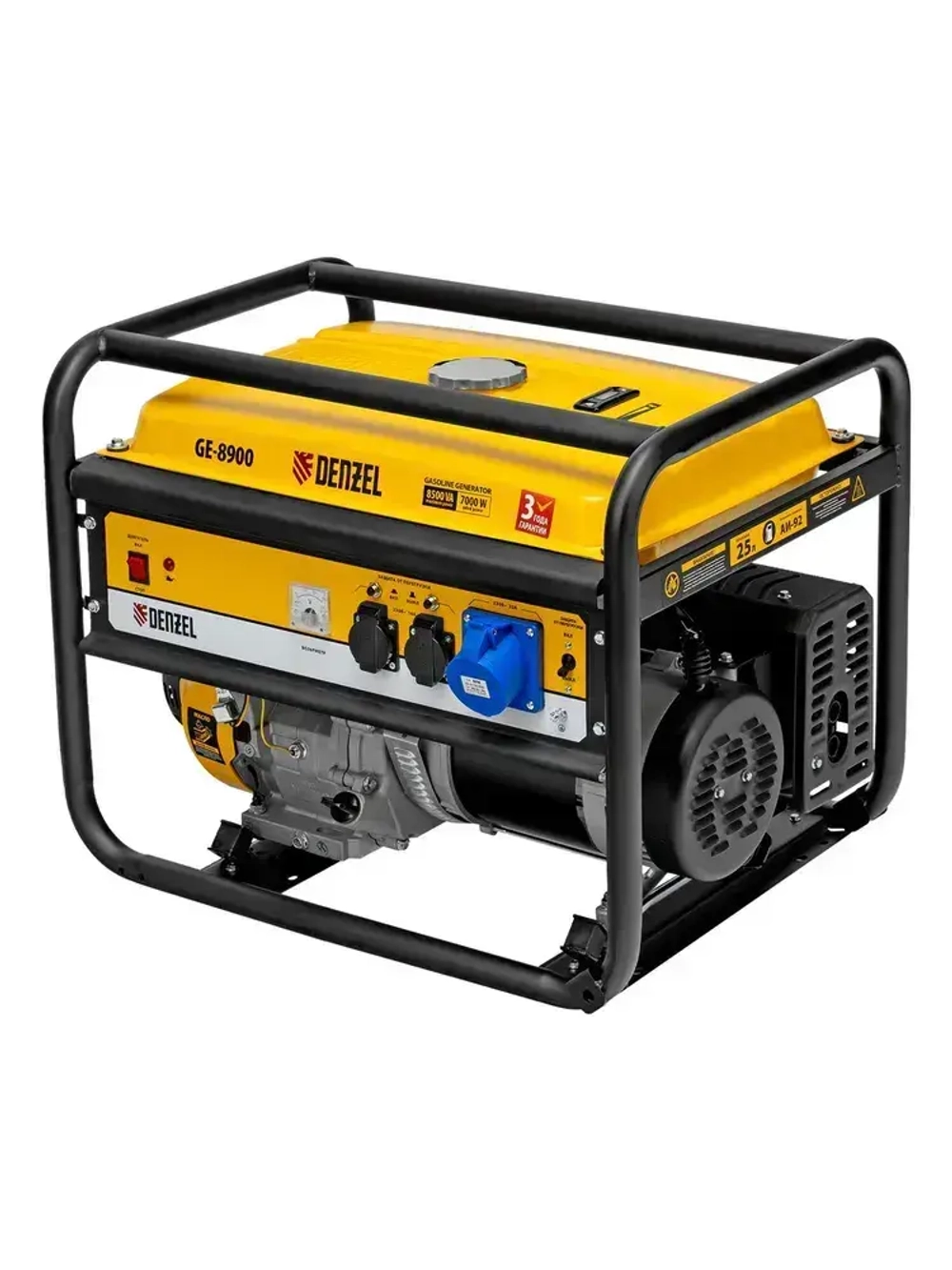 Генератор бензиновый DENZEL GE-8900, 8.5 кВт, 445 см3 объем двигателя, 220 В и 25 л объем топливного бака, ручной стартер и блок AVR, 3 розетки и датчик уровня масла 94639