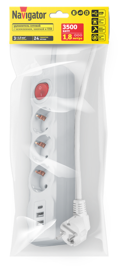 Удлинитель Navigator 61 455 NPE-USB01-03-180-ESC-3X1 с/з выкл.3 гн.1.8м USB2.1A