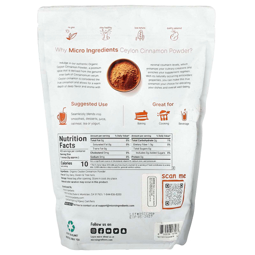 Micro Ingredients, Порошок органической цейлонской корицы, 907 г (2 фунта)