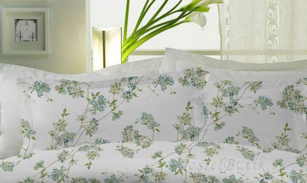 Постельное белье 2 спальное евро Mirabello Fiori Ciliegio голубое