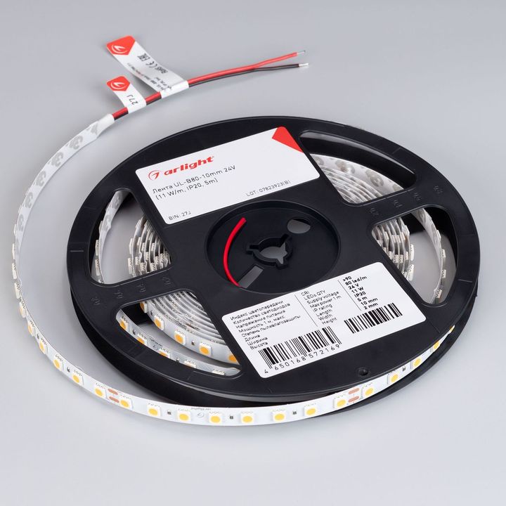 Светодиодная лента Arlight 11W/m 80Led/m 5060SMD холодный белый 5M UL-B80-10mm 24V White6000 041373