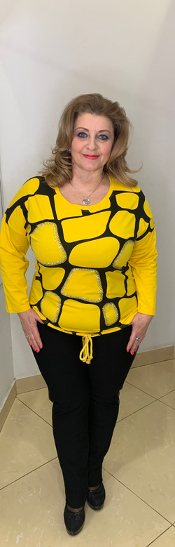 Желтый блузон на кулиске с ячейками и стразовым принтом