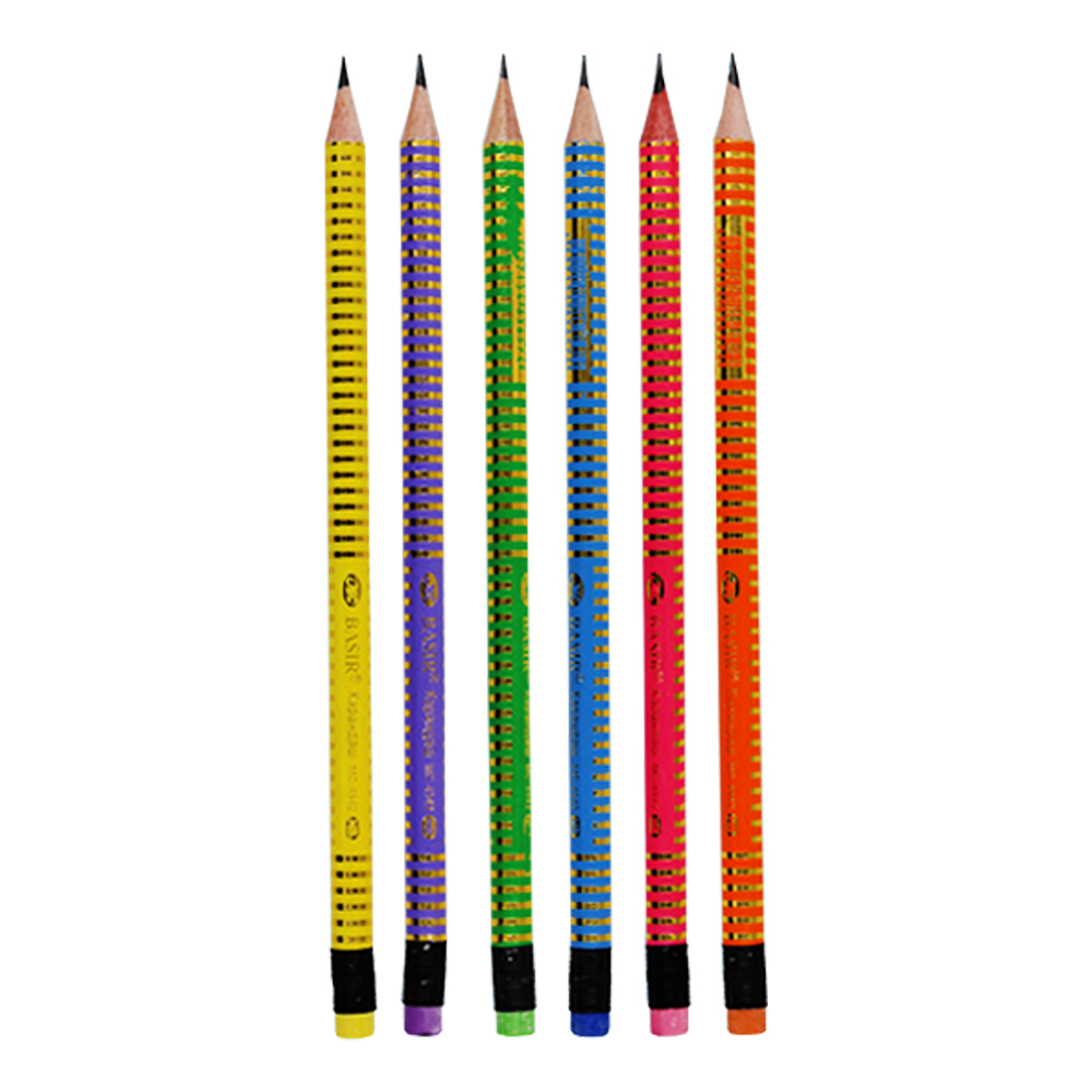 Карандаш простой, чернографитный, Basir, деревянный, с ластиком, цветной корпус, 12 шт