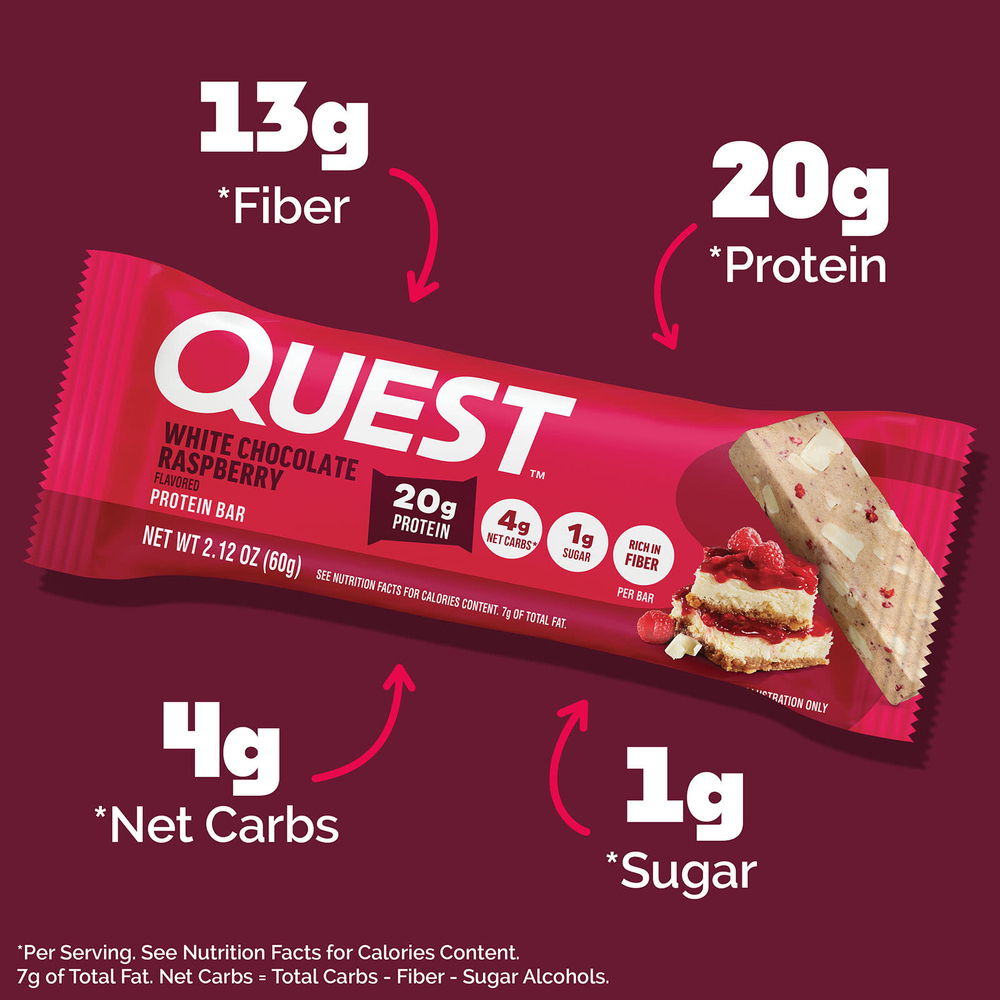Quest Nutrition, протеиновый батончик, белый шоколад и малина, 4 шт. по 60 г (2,12 унции)