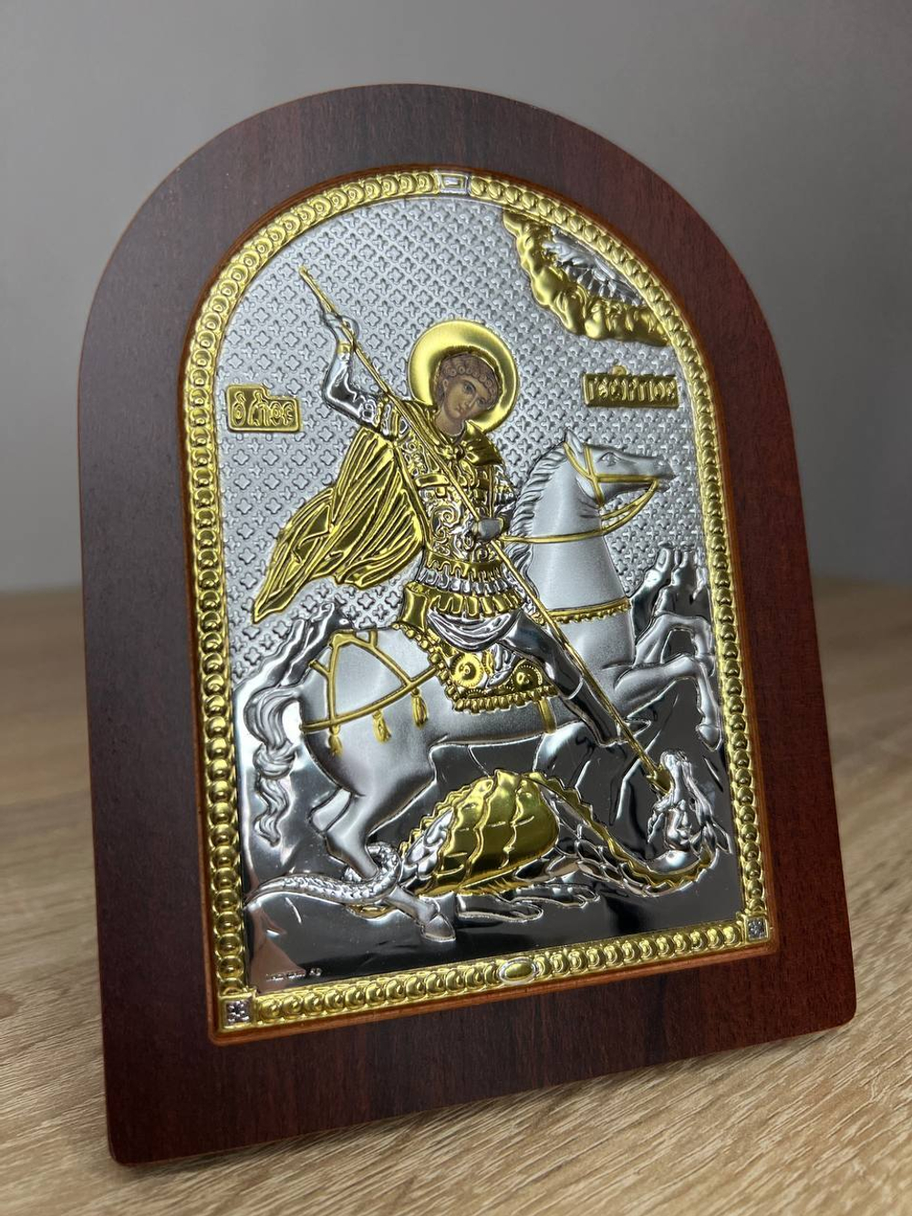Георгий Победоносец, икона арочная, красное дерево 120х160