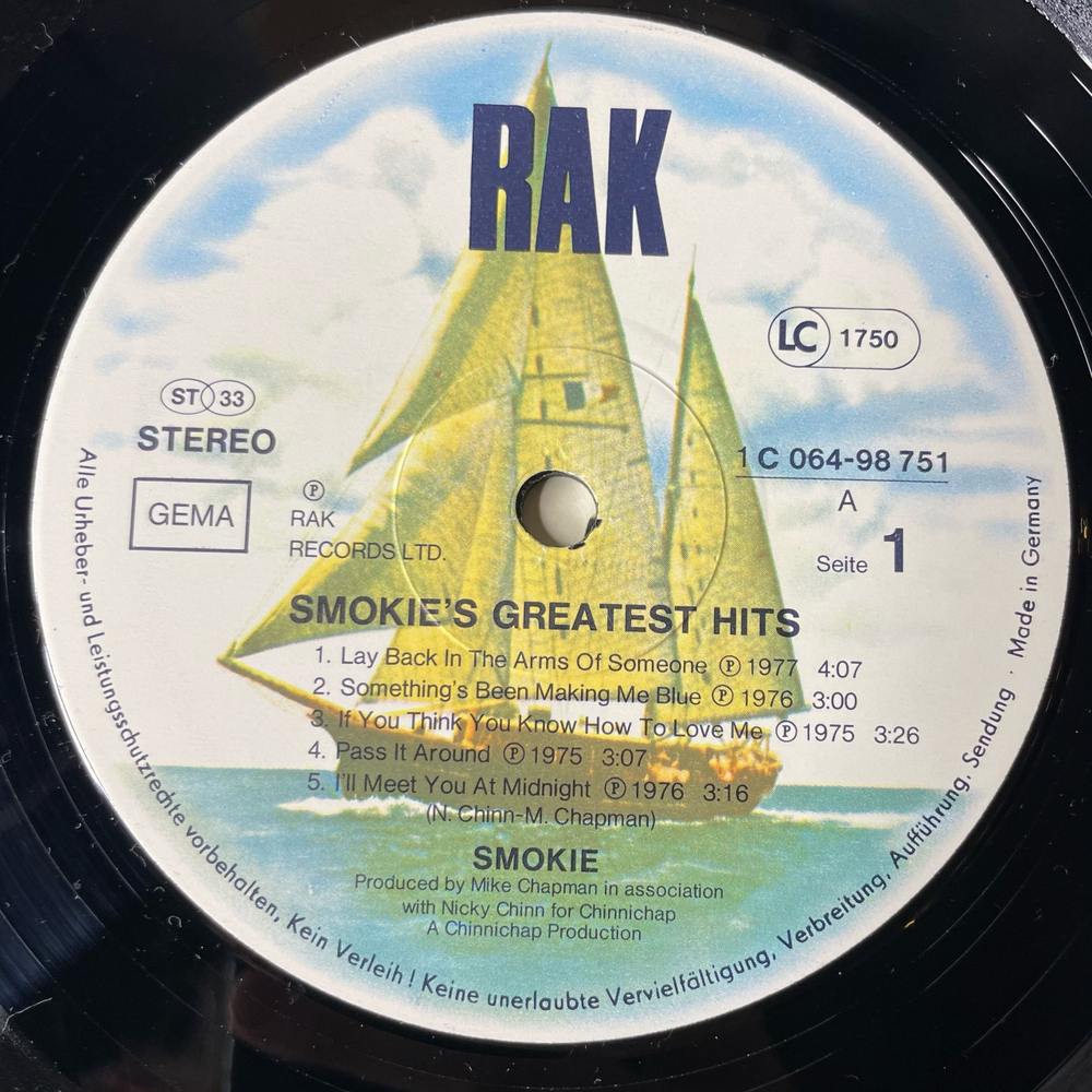 Винтажная виниловая пластинка LP Смоуки Smokie Greatest Hits (Германия 1977) I'll Meet You At Midnight