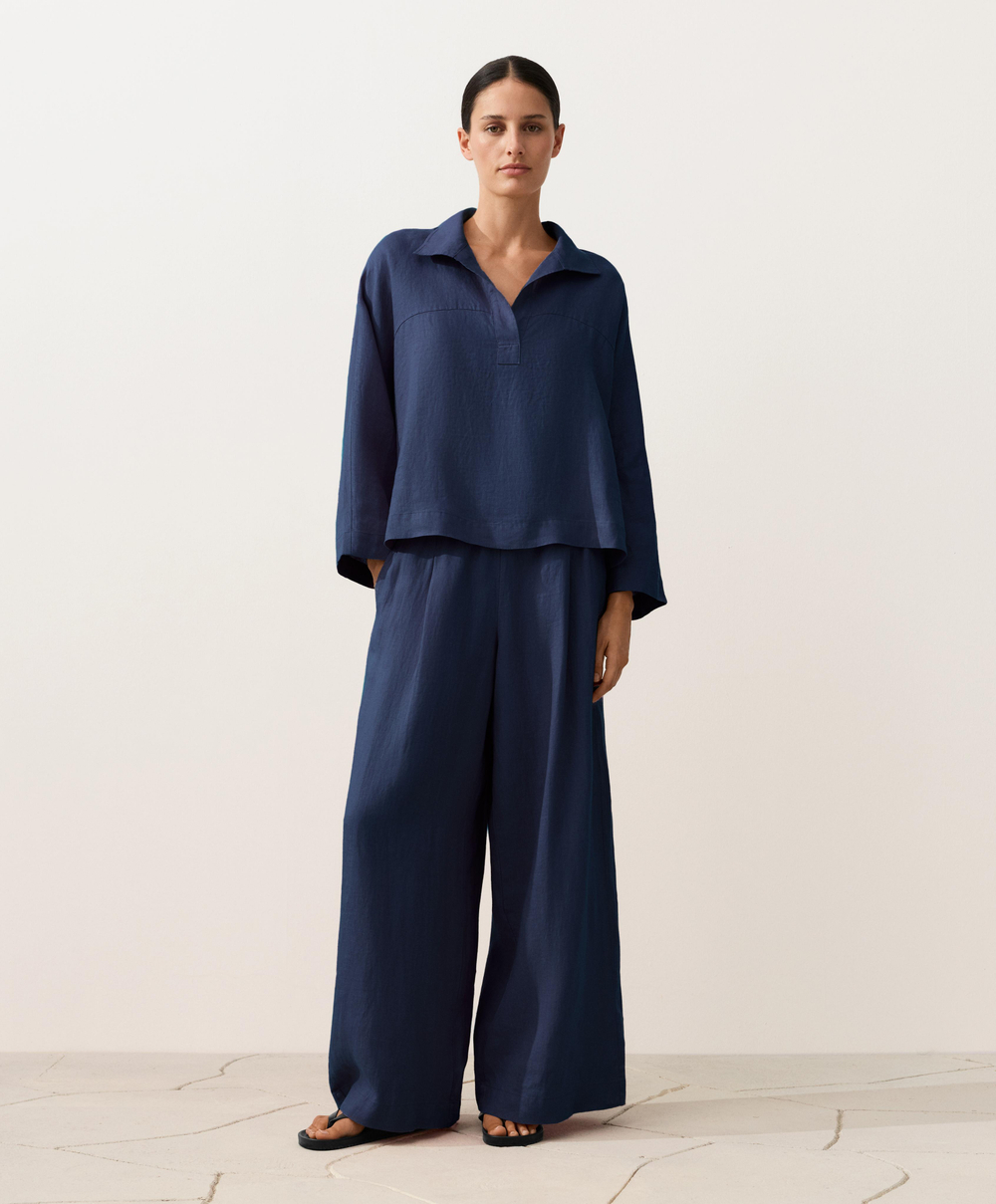 Oysho Рубашка-поло оверсайз с длинными рукавами из 100%-го льна, синий