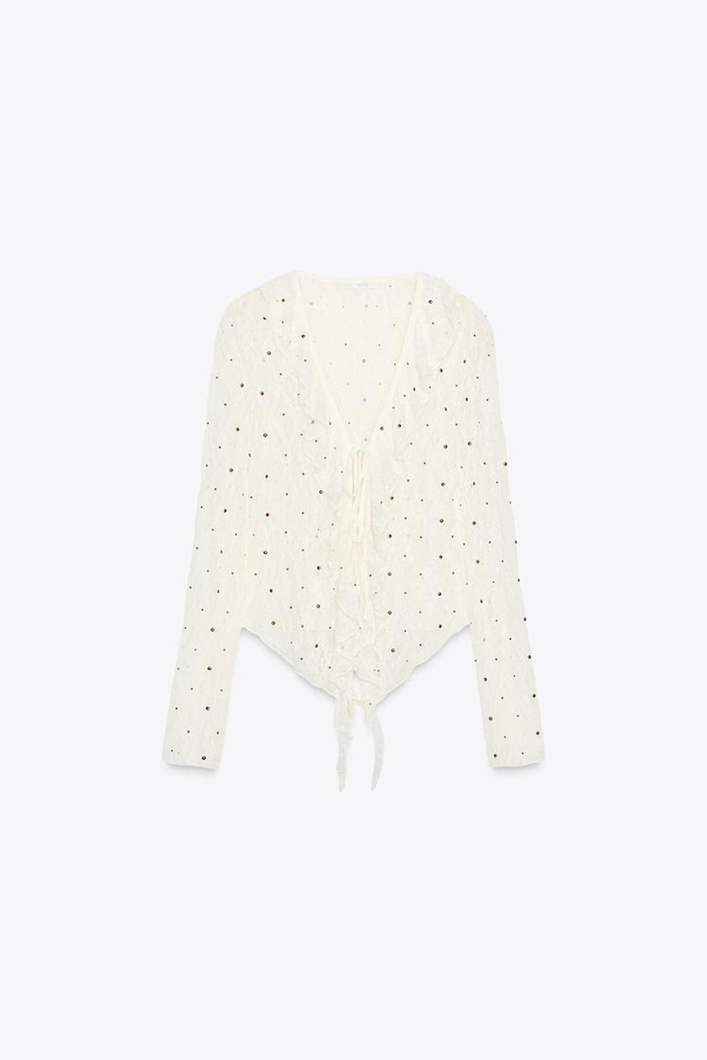ZARA КРУЖЕВНОЙ ТОП С ЗАКЛЕПКАМИ, ЭКРЮ