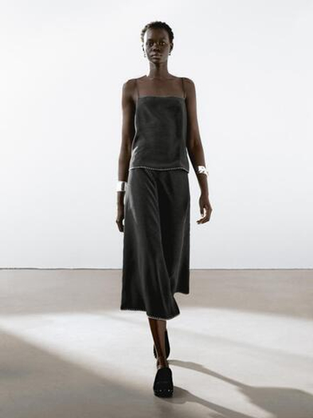 Massimo Dutti Юбка миди с декоративной строчкой по низу, черный