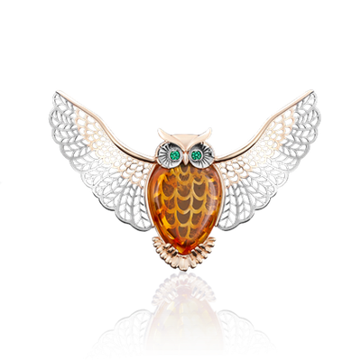 Брошь-подвеска «Сова» из красного золота с янтарём и фианитами