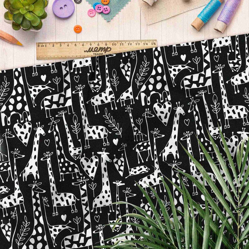 Ткань таффета черно-белые жирафики