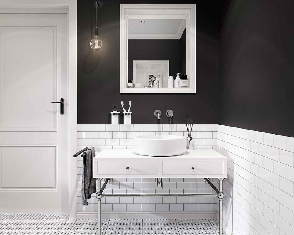 Фото в интерьере смеситель для раковины настенный Kludi Bozz 382440576  хром, излив 180 мм, внешняя часть