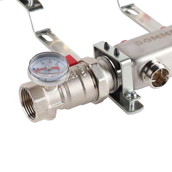 Коллектор Rommer 1"x3/4" на 2 контура с запорными клапанами в сборе (нерж. сталь) RMS-3210-000002
