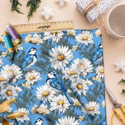Ткань премиум шелк искусственный Армани птицы в ромашках на голубом