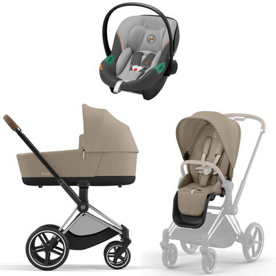 Коляска 3 в 1 Cybex Priam IV Chrome Brown complete и автокресло Aton S2 i-Size Lava Grey Cozy Beige
