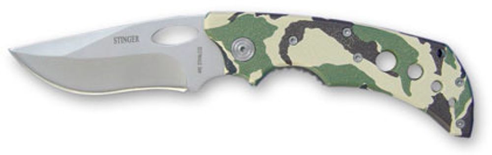 Нож складной Stinger, 85 мм (серебр.), рукоять: сталь/пластик (камуфляж), с клипом, коробка картон