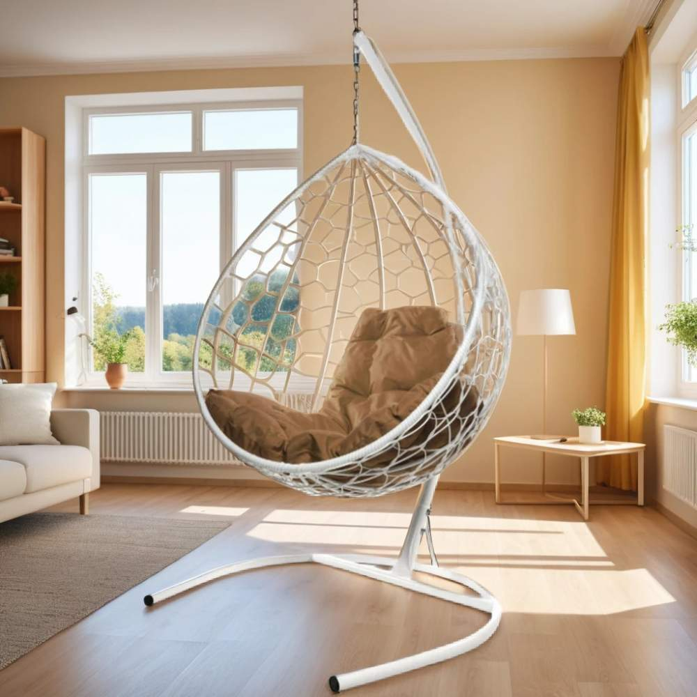 Кресло подвесное Кокон Капля ротанг белый, подушка цвет в ассортименте