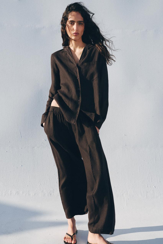 ZARA РУБАШКА ИЗ ЛЬНА С КАРМАНОМ — ZW COLLECTION, КОРИЧНЕВЫЙ