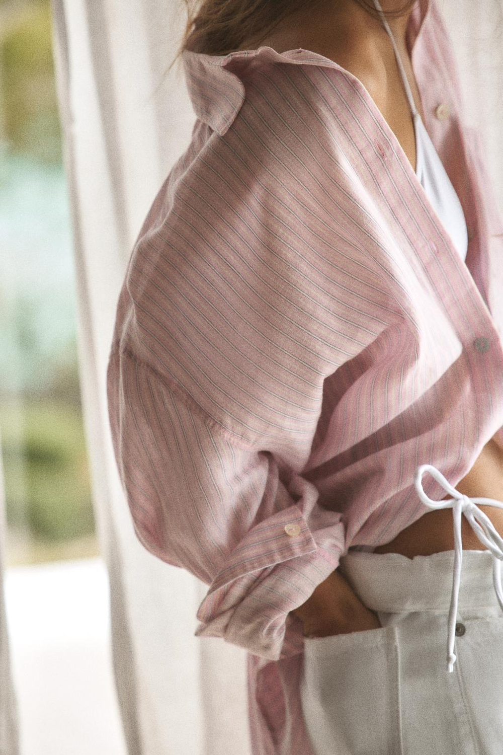 ZARA РУБАШКА ОВЕРСАЙЗ С КАРМАНОМ, РОЗОВЫЙ