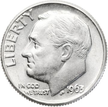 1 дайм (10 центов) 1963 D США "Silver Roosevelt Dime"