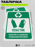 Табличка для сортировки отходов "Пластик", для контейнеров, пунктов раздельного сбора, организаций и дворовых территорий, информационная, 40х30 см, Silver Plane x Айдентика Технолоджи