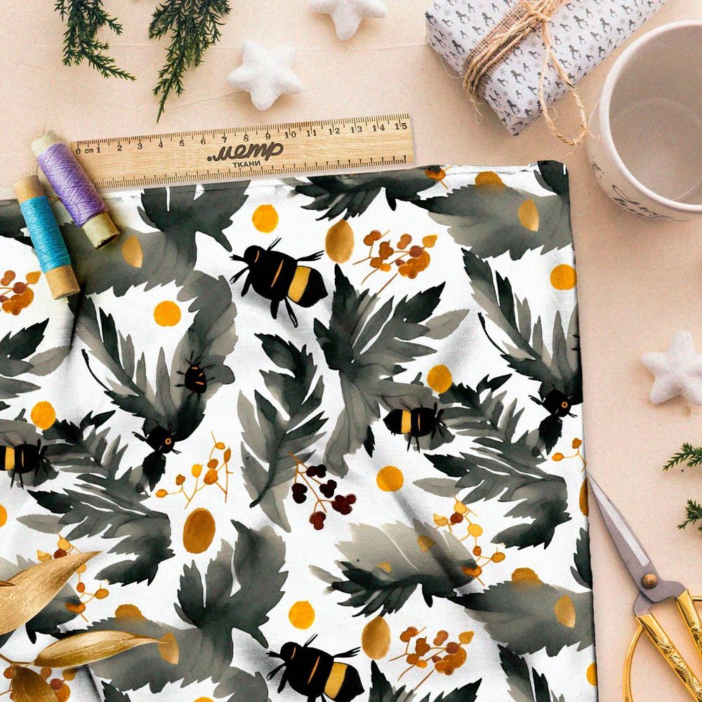 Ткань премиум таффета насекомые акварелью