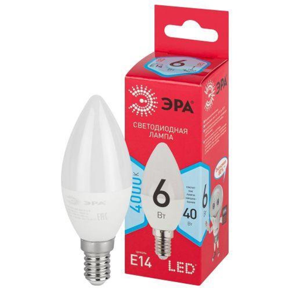 Лампа светодиодная RED LINE LED B35-6W-840-E14 R 6Вт B35 свеча 4000К нейтр. бел. E14 Эра Б0051057