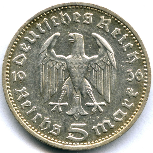 5 марок 3 рейх 1936 год (D) орел без свастики XF-AU