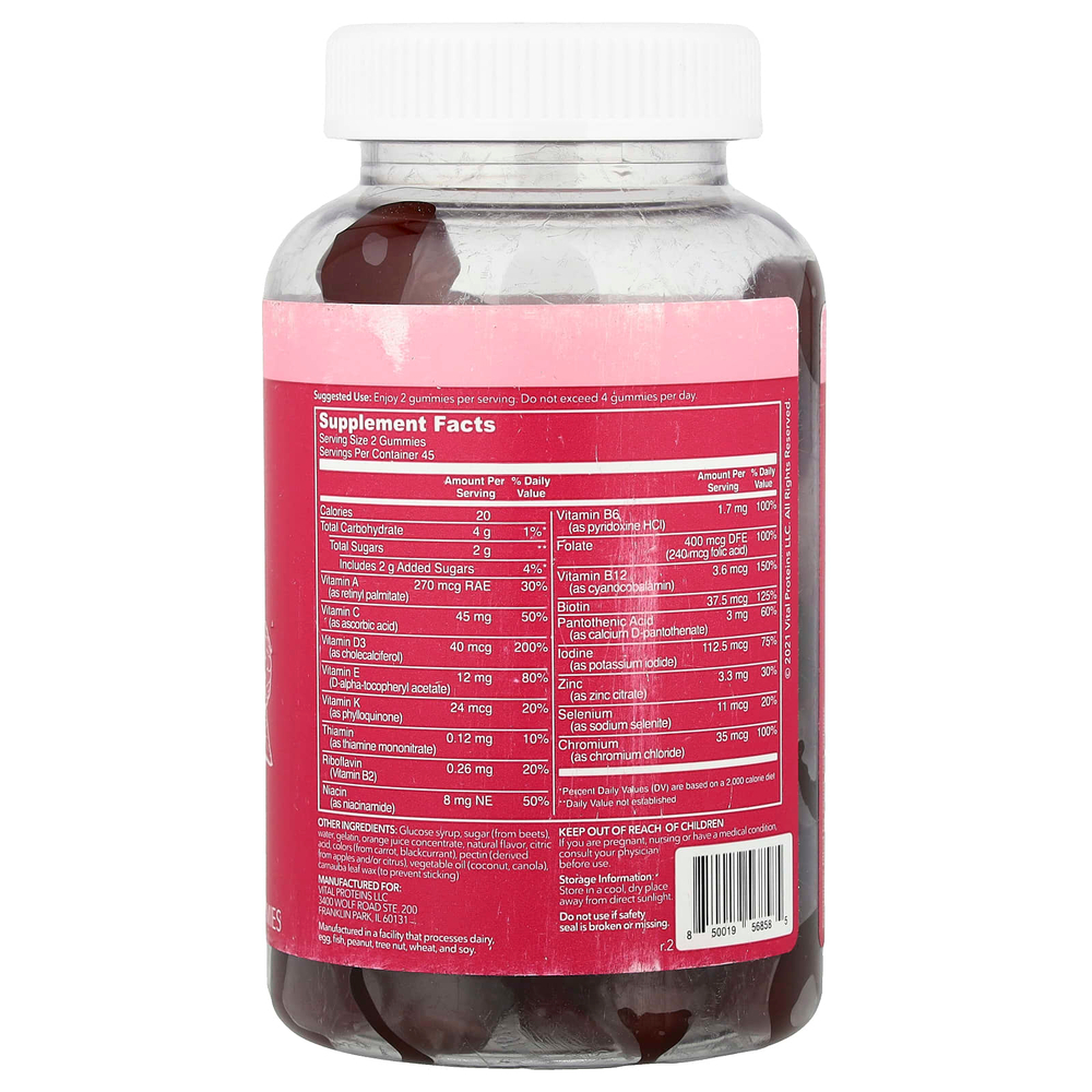 Vital Proteins, Мультивитамины для женщин, малина, 90 жевательных таблеток
