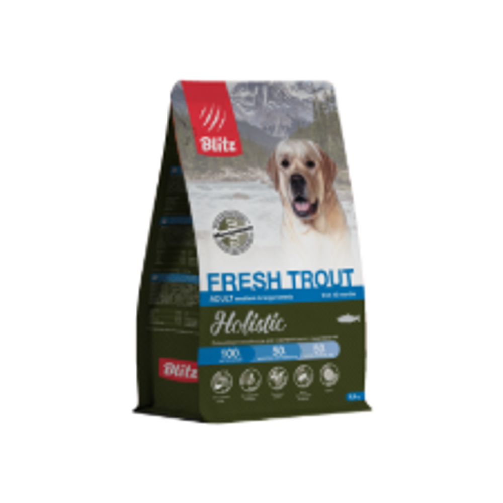 Сухой корм для собак Blitz Holistic Fresh Trout Adult Dog Medium & Large breeds (Monoprotein) монопротеин со свежей форелью для собак средних и крупных пород Holistic Гипоаллергенный корм для чувствительного пищеварения, 12 кг