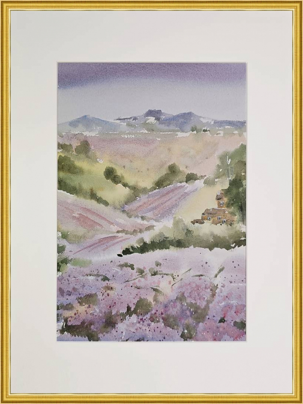 Картина авторская акварельная в паспарту 30х40 см на стену для интерьера "Поля лаванды"