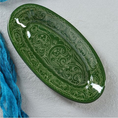 Селёдочница Риштанская Керамика Узоры , 24 см, зелёная