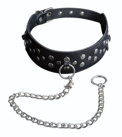 Чёрный кожаный ошейник с карабином и поводком (Цвет: черный)