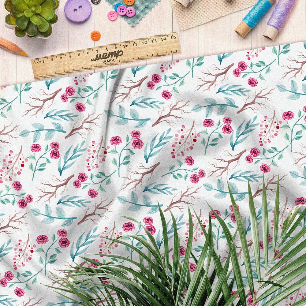 Ткань шелк Армани красные веточки на белом