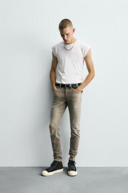 ZARA ДЖИНСЫ SKINNY FIT С РАЗРЕЗАМИ, КОРИЧНЕВЫЙ