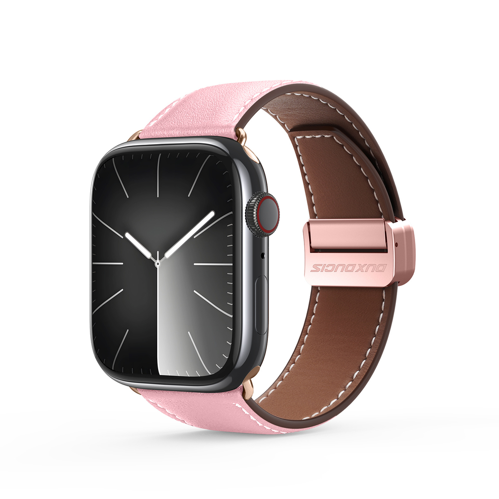 Ремешок из натуральной кожи розового цвета от Dux Ducis для смарт часов Apple Watch 42, 44, 45, 46, 49мм, серия YA Series
