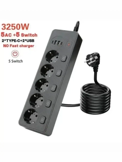 Сетевой фильтр с предохранителем и заземлением, 5 розетки + 2 USB / 2 TYPE-C, кабель 3м