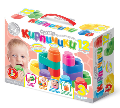 Конструктор из мягкого материала с ионами серебра для самых маленьких «Мягкие кирпичики Extra» 12 деталей