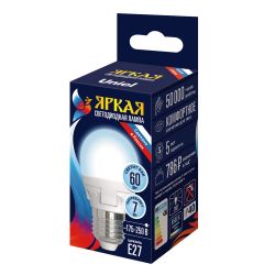 LED-G45 7W-6500K-E27-FR PLP01WH Лампа светодиодная. Форма шар. матовая. Серия ЯРКАЯ. Дневной белый свет 6500K. Картон. ТМ Uniel