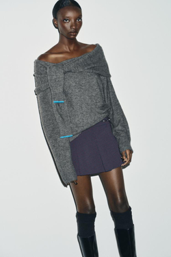 ZARA ТРИКОТАЖНЫЙ ДЖЕМПЕР С ОТКРЫТЫМИ ПЛЕЧАМИ, СЕРЫЙ МЕЛАНЖ