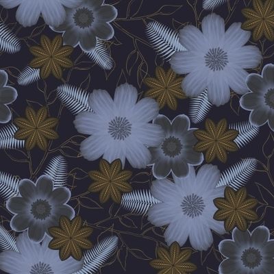 Silver and Golden Flowers on Blue