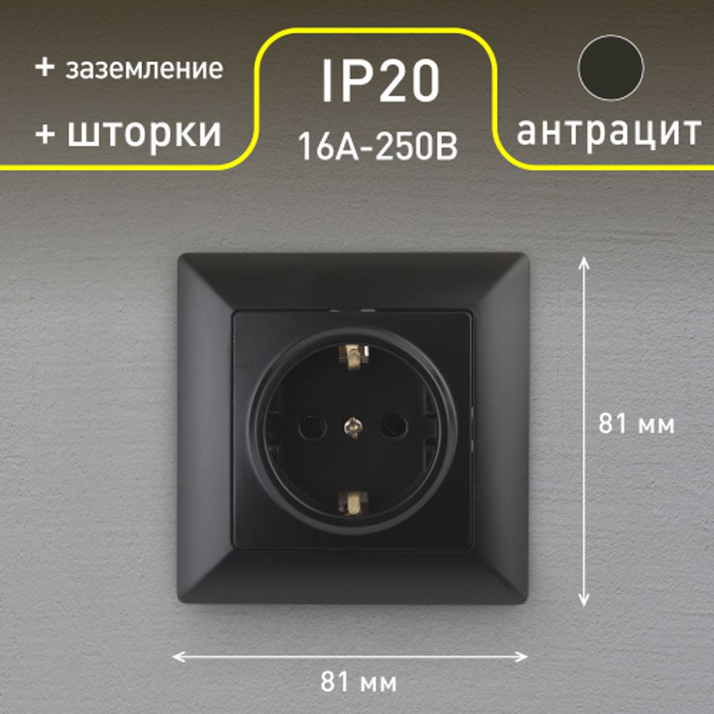 Розетка Intro Solo 4-206-05 с заземлением 2P+E Schuko со шторками, 16А-250В, IP20, СУ, антрацит